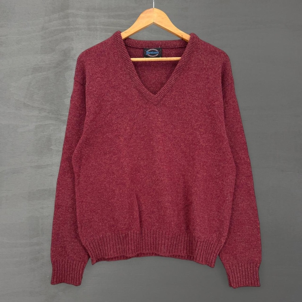 Vintage Jantzen V-Neck Sweater Burgundy Wool Blend Vintage Made in USA Large